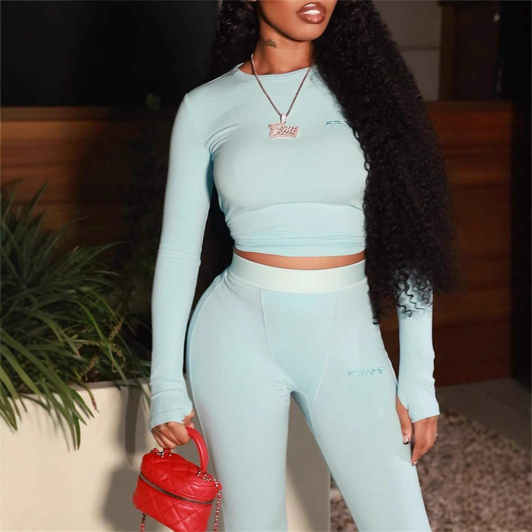 2025S Designer Women S Set New Solid Color Elastic Basic Fashion Sports Trend Sleeved Round Neck Top Long Pants Set