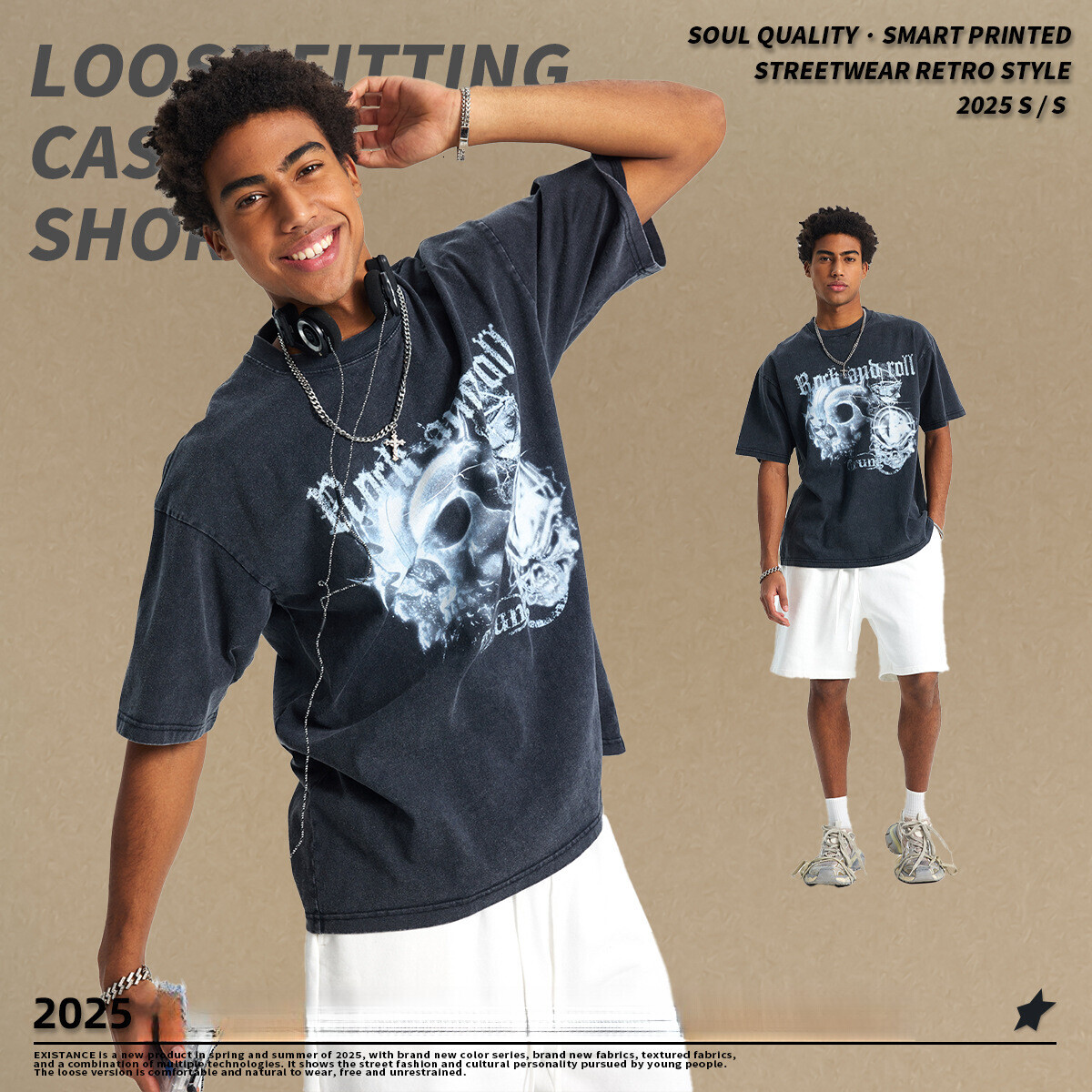 Chain Wear | 2025 New High Street Washed Loose Men's Short Sleeve Trendy Brand Personalized Rock Printed T-shirt
