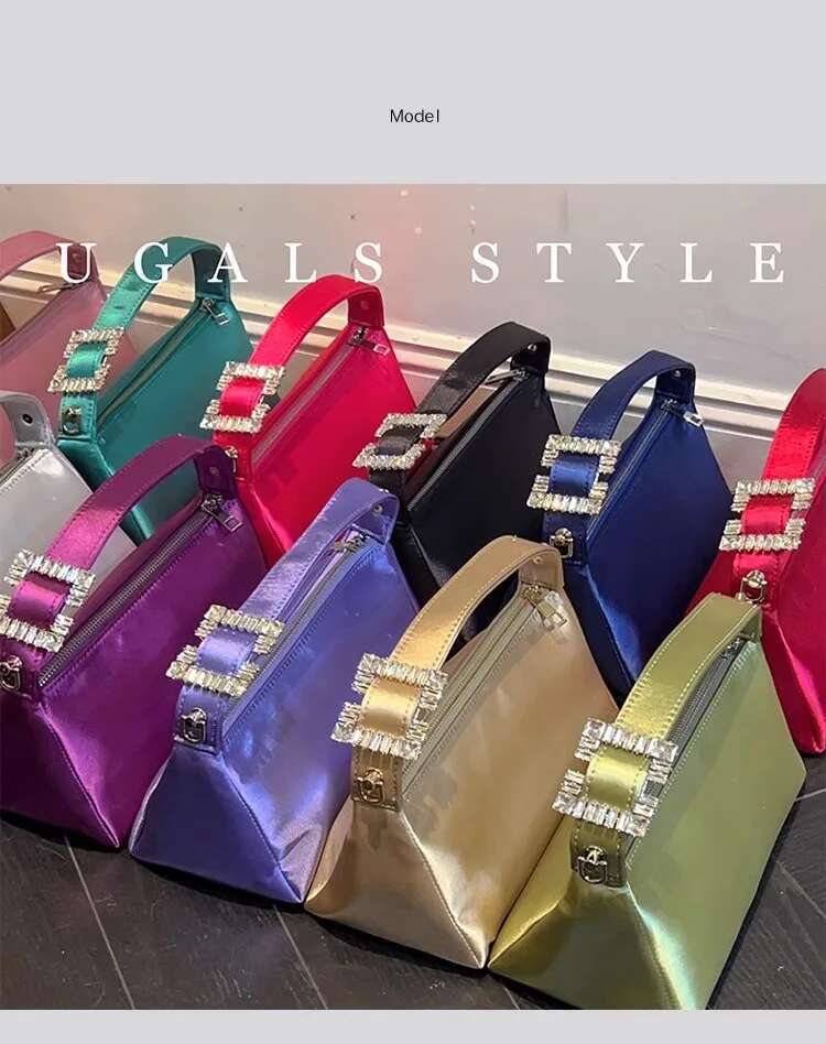 Fashion Satin Square Glitter Rhies Dia Evening Women's Handbag Wedding Party Clutch Purse Shoulder Bag