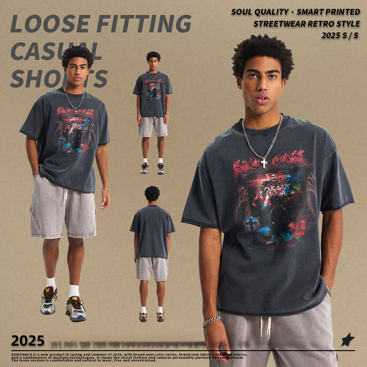 2025 Summer Trendy Brand Wax Printing Used Curled Edge Short sleeved for Men, 275g Water Washed Loose Digital Printed T-shirt
