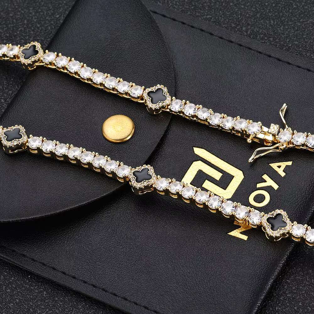 NUOYA Fashion Hiphop Jewelry Four-leaf Clover Tennis Chain Choker Necklace Women White Gold Iced Out Cubic Zircon Chain Necklace