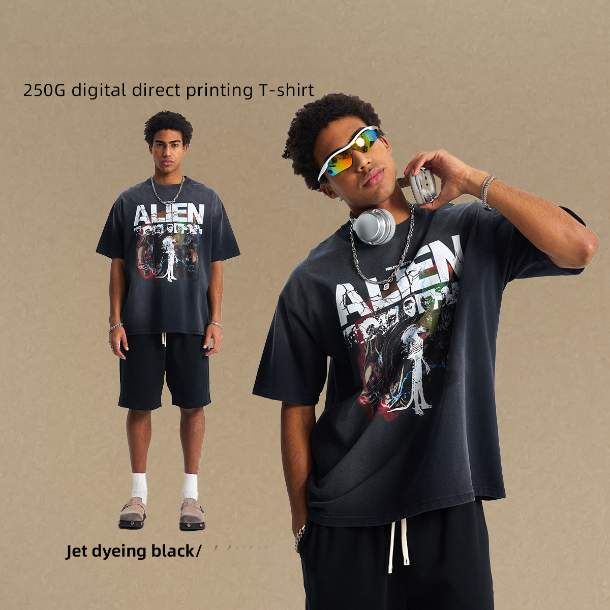 2025 Spring/Summer New High Street Vintage Loose T-shirt for Men, Made of Pure Cotton Spray Dyeing, Used Printing Trendy Brand T