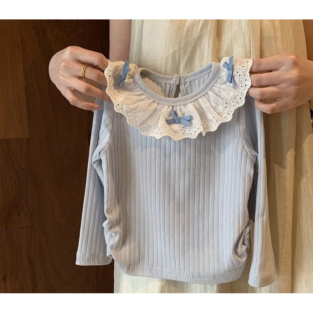 Ddmyshoesvip Girls Long Sleeved T Shirt New Spring Outfit Bow Lace Collar Base Shirt Sweet Top For Children And Babies