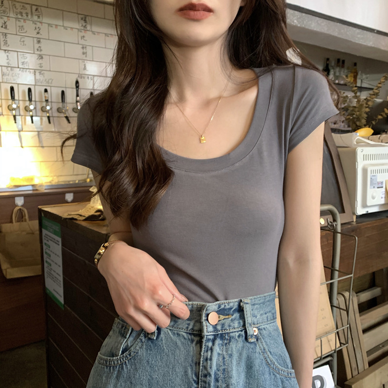 2025S Designer Women S T Shirt Solid Color Casual Versatile Short Sleeved T Shirt For Women S Inner Layer Base Shirt Summer Slim Fit U Neck Student To