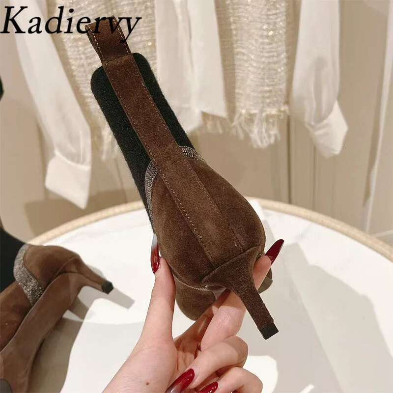 Sexy Kitten Ankle Cow Suede Pointed Toe Runway Shoes For Women String Bead High Heels Short Boots Woman