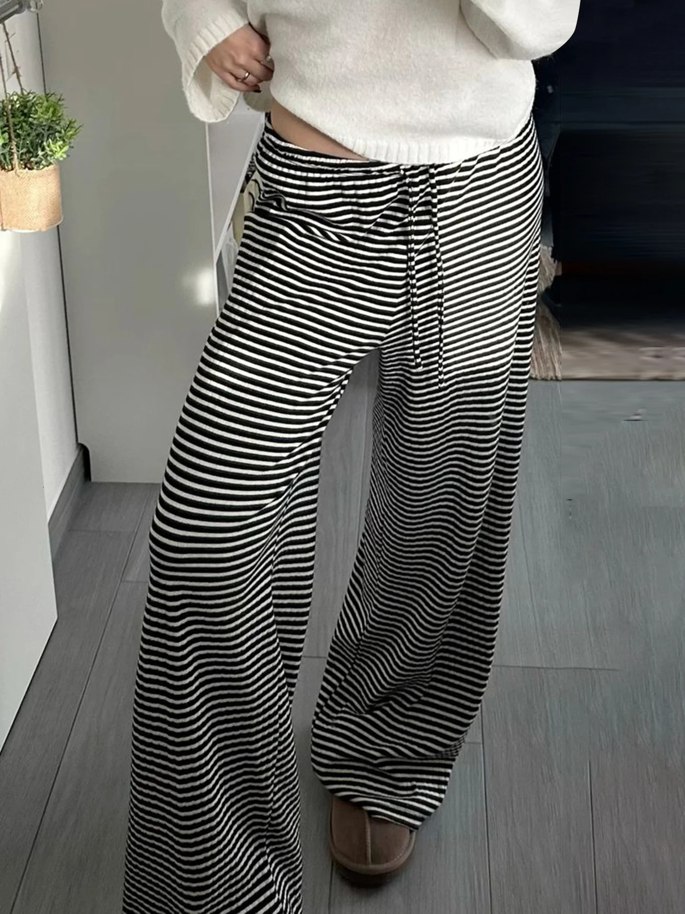 Rockmore Fashion Low Waist Pants Women Fall Casual Streetwear Y2K Striped Print Wide Leg Trouser Baggy Female Straight Pant 250409