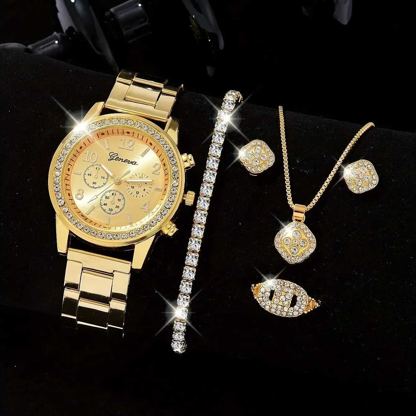 5-piece gold watch set womens luxury ring necklace earrings rhinestone fashion watch womens casual watch bracelet setXJ250408