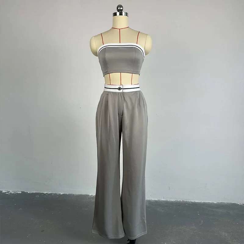 Spring/Autumn New Spicy Girl Outerwear Sports Tank Top, Strapless, Contrasting Color, High Waist, Wide Leg Pants, Casual Suit