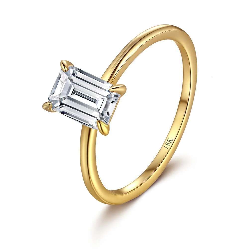 Real 18k Gold Ring for Women Four-claw Emerald Rectangular 1ct Diamond Moissanite with GRA Cartificate Fine Jewelry