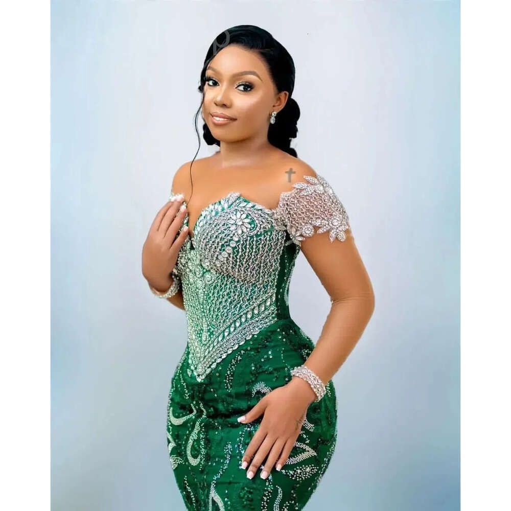 Aso Mermaid Green Ebi Prom Dress Beaded Crystals Sequined Evening Formal Party Second Reception 50Th Birthday Engagement Gowns Dresses Robe De Soiree 