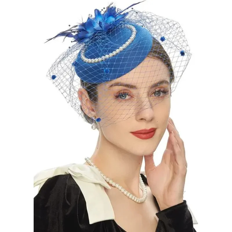 Elegant Pillbox Hats 20s 50s Vintage Pearl Fascinators Hat for Women with Feather Mesh Veil Clip Bridal Wedding Tea Party 250409