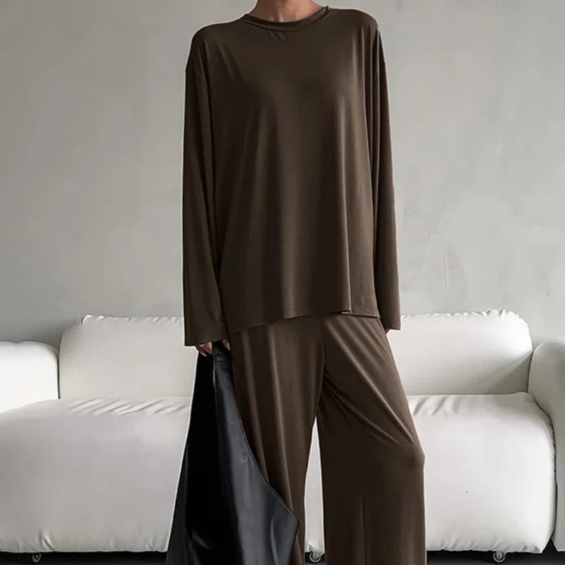 Round neck long sleeved pants sleepwear set European and American spring knitted loose fitting womens clothing 250409