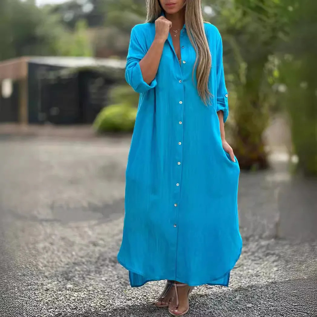 Elegant womens blue cotton linen collar button up shirt fashionable casual long sleeved cardigan 250409