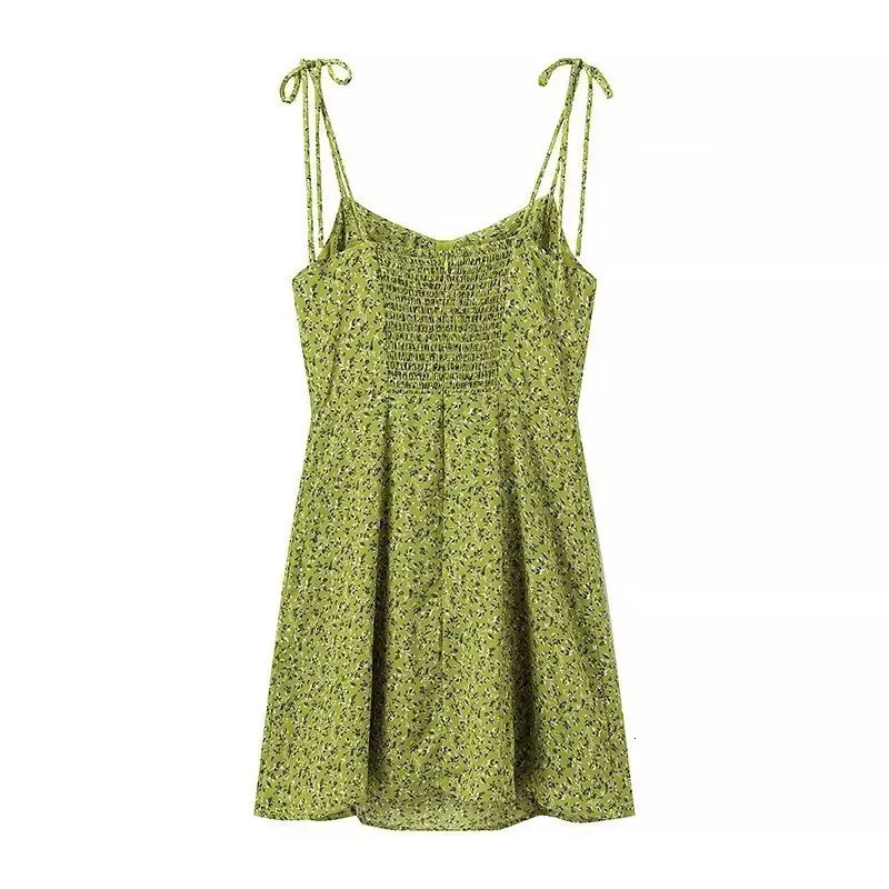 Wxw4840 vintage green printed Aline dress for women ultrathin high waist short pleated mini strapless spaghetti strap sexy 250409