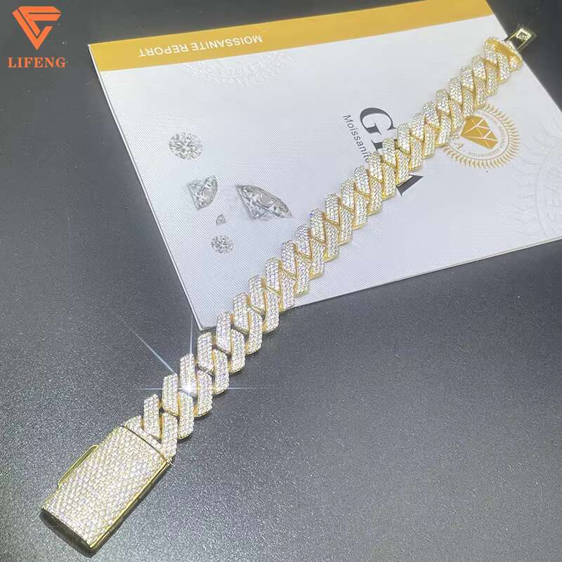 Lifeng Jewelry Custom Moissanite Chain Cuban Link Iced Out 14mm VVS Moissanite Hip Hop Luxury Fashion Gold Plated Cuban Bracelet