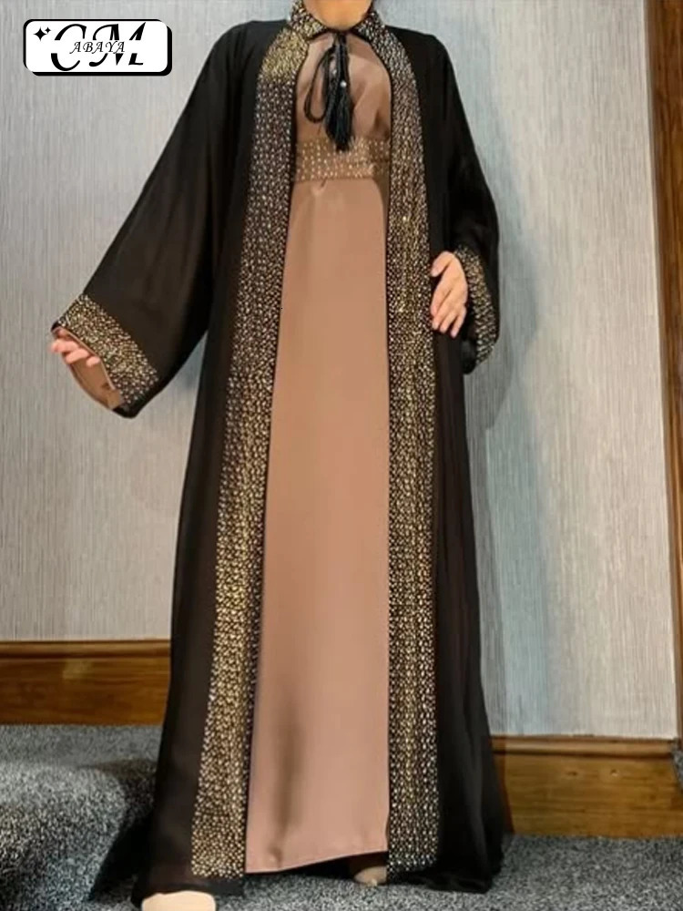 selling Ramadan Rhinestone Open Fleece Islamic Dress with Pocket Ka Muslim Kimono Abaya Dubai Humble Clothing Womens EID 250409