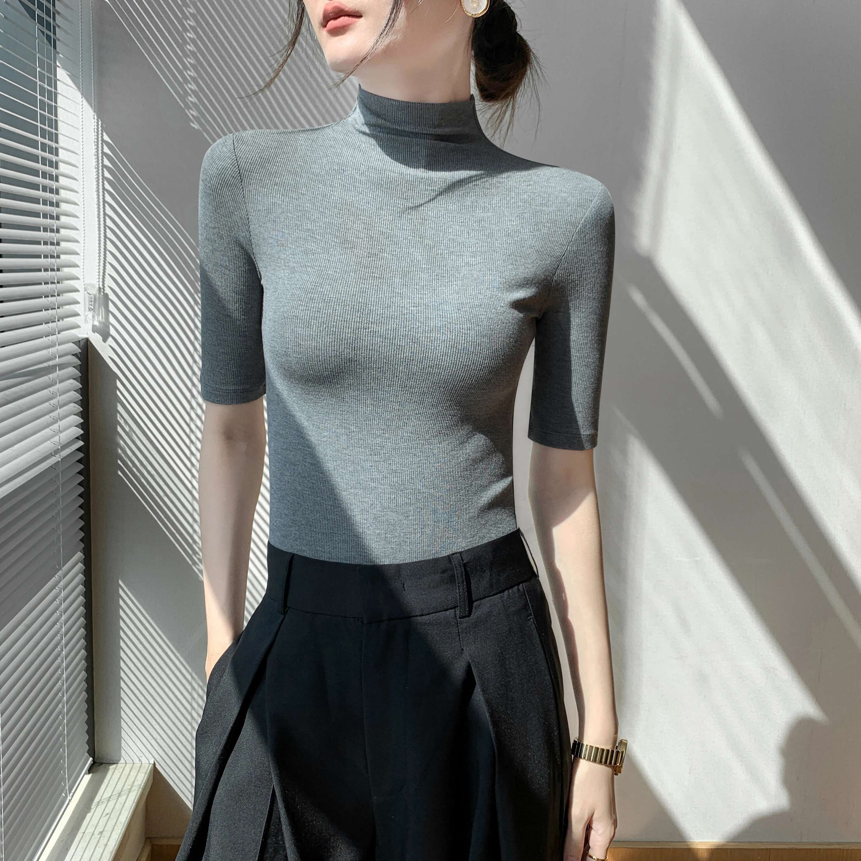 Turtleneck Sweater Bottom Shirt Women's Medium Short Sleeve Tops Spring Summer Autumn Slim Black Knit Inside t-shirt Soft