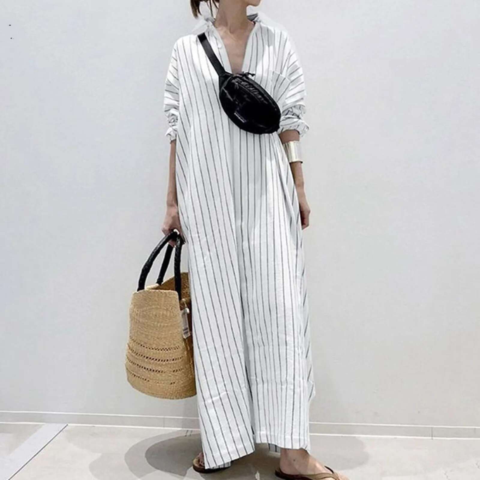 Dongdumaoyi Elegant Outfits Summer Dresses For Women Stripe Cotton Shirt Casual Loose Maxi Formal Occasion Ruffle Dress