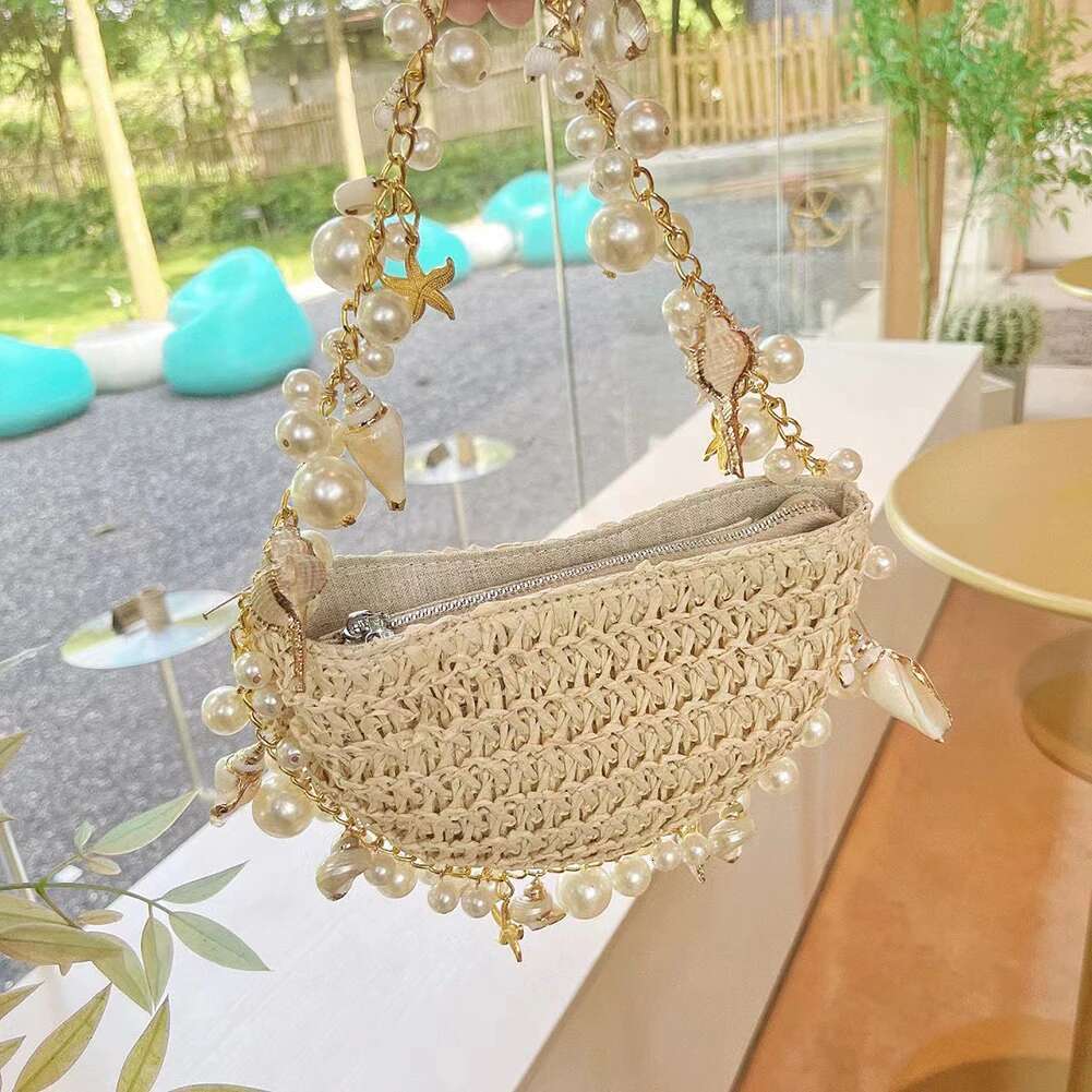 Women Pearl Clutch Wrist Handbags Large Capacity Simple Evening Straw Shoulder Handbag Outdoor Travel Bag