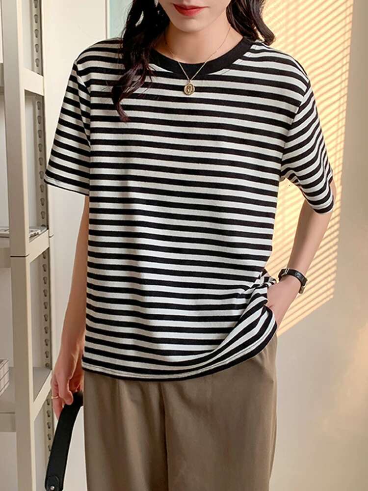 Women Stripes Vintage Tshirt Tops O Neck Short Sleeve Pullover T-shirt 2024 Summer New Korea Cotton Shirt Green Black Y2K