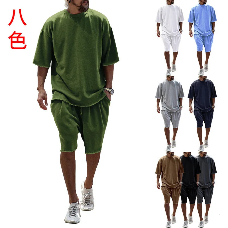 Crossing the border between Europe and United States with casual mens clothing in solid color loose short sleeved simple street trend style set 250409