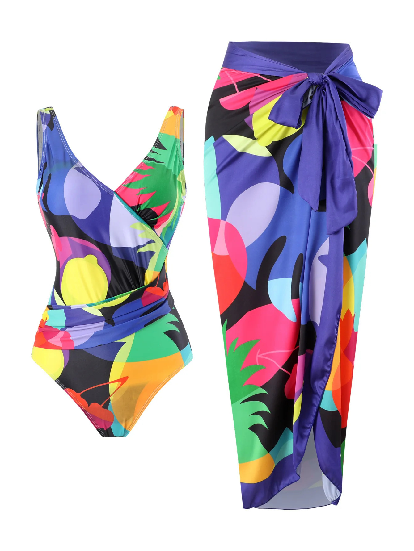 onepiece swimsuit womens ultrathin printed high waisted hanging collar French wrap abdominal bikini 250409