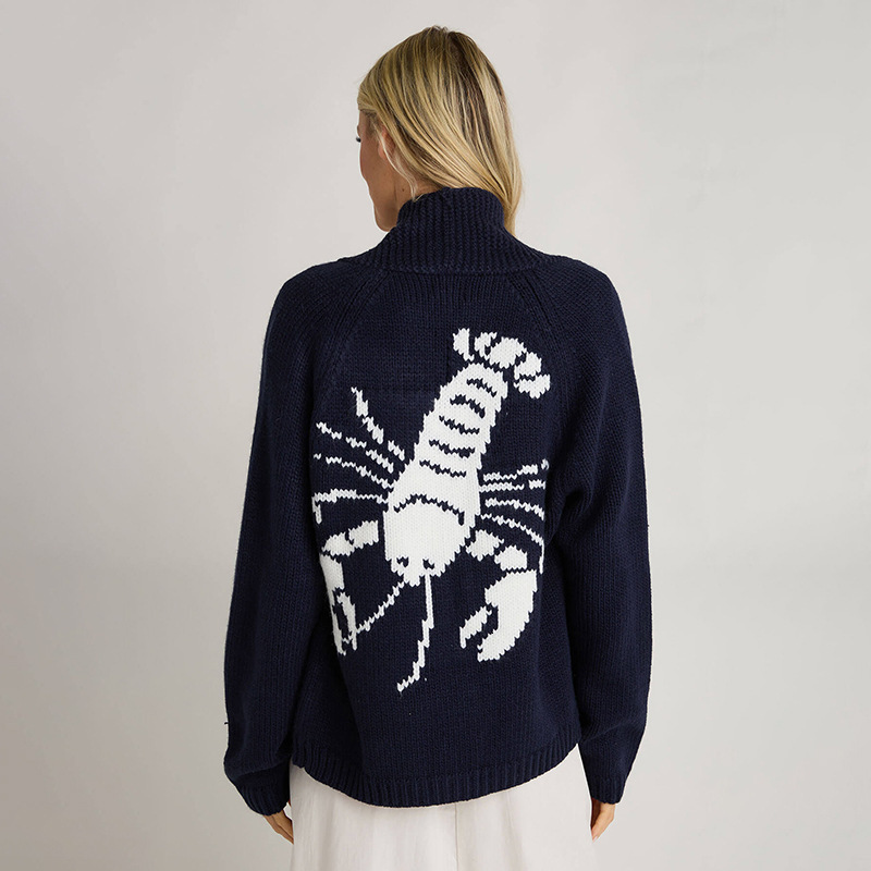 2024 Winter Sweater Womens Casual Commuter Single breasted Cardigan Long Sleeve Shrimp Printed Knitted Cardigan