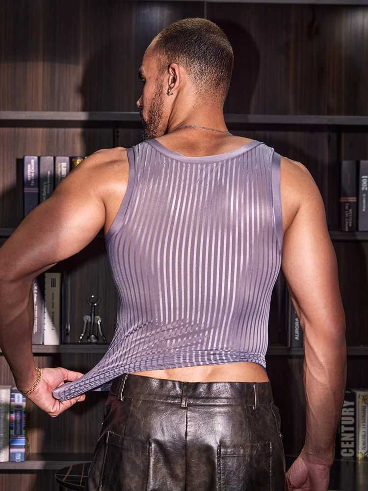 Sexy mens shiny tank top with oil gloss and stripes transparent fashionable high elasticity sleeveless shirtXJ250409