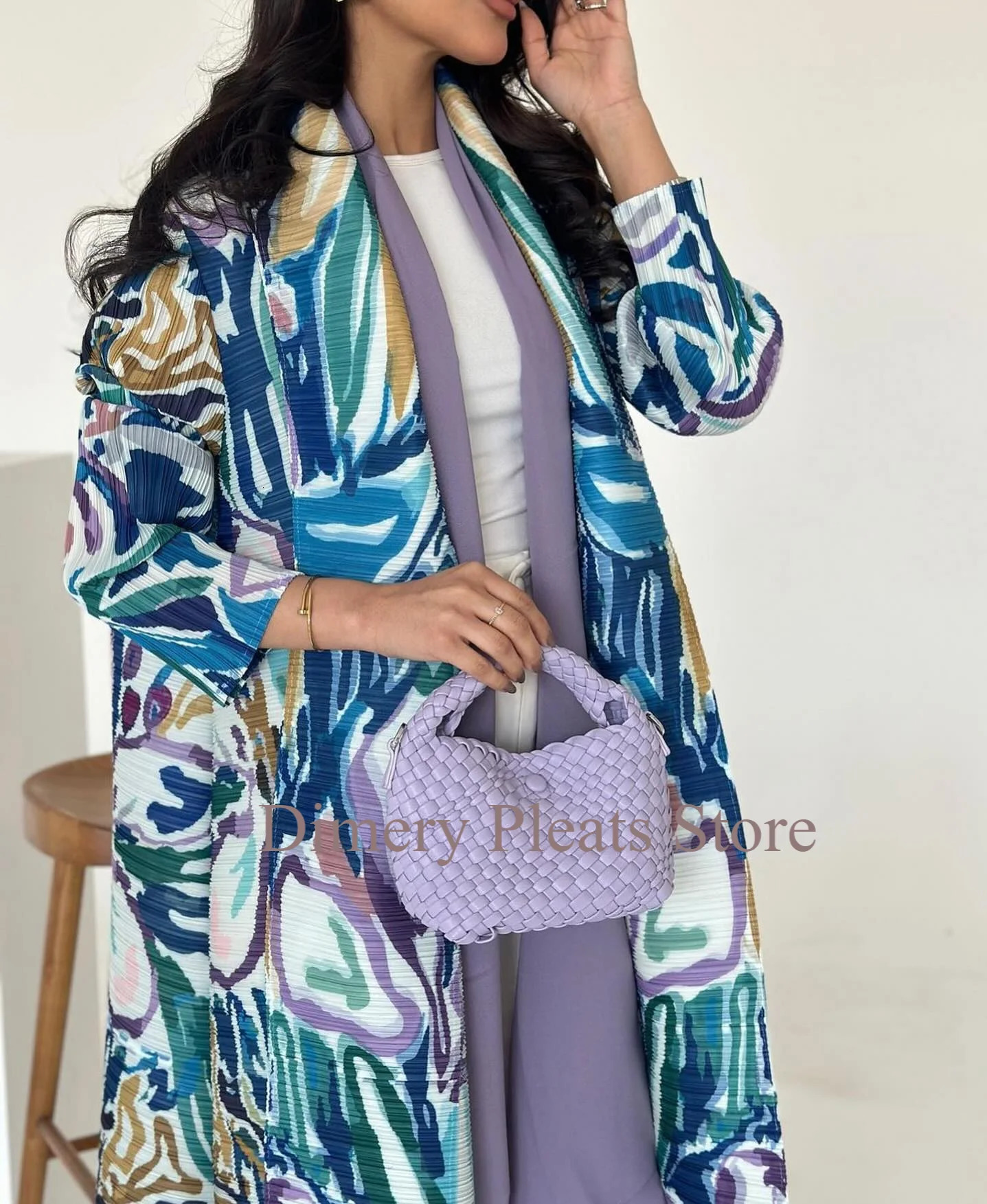 Miyake Fold Retro Printed Collar Long Jacket Female ner Abaya Dubai Fashion Plus Large Coat 250409