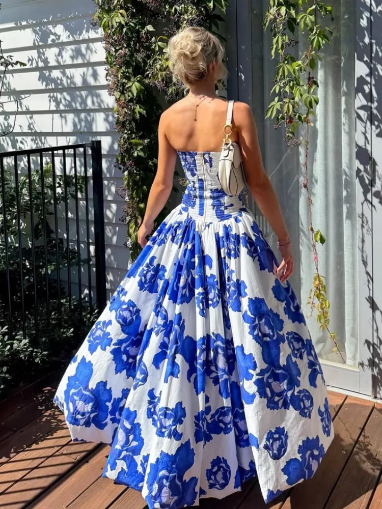 Womens blue printed pleated high waisted Aline dress sexy strapless backless long elegant evening gown 250409