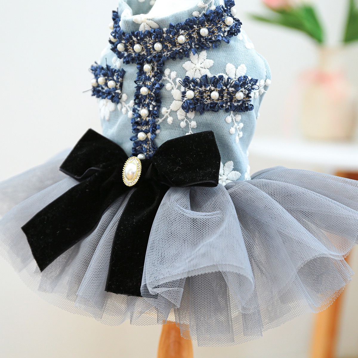 Fancy Dog Dress , Embroidered Dog Wedding Dress, Bow Puppy Clothes for Small pet Girl Multi-Layer Lace Cat Outfit blue