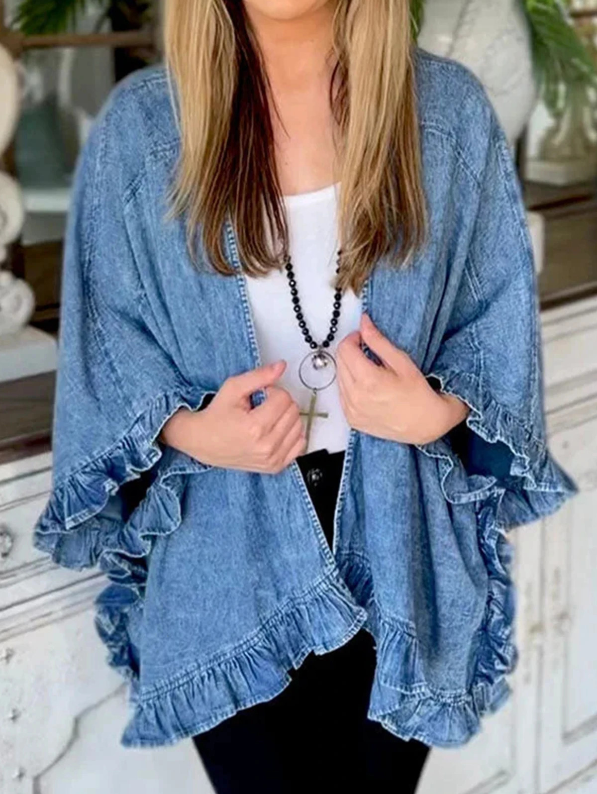 Retro Cute Solid Splicing Pocket Denim Jacket Womens Fashion Street Clothing Flip Collar 34 Sleeve Ruffle Cardigan Loose Coat 250409