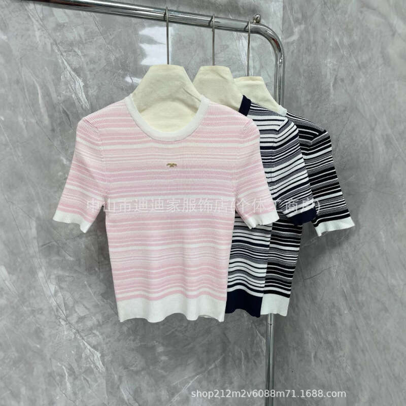Striped Ice Silk Knitted Shirt Shoulder Short Sleeve T-shirt for Women 2024 Summer Guangzhou Loose and Slim Round Neck Top