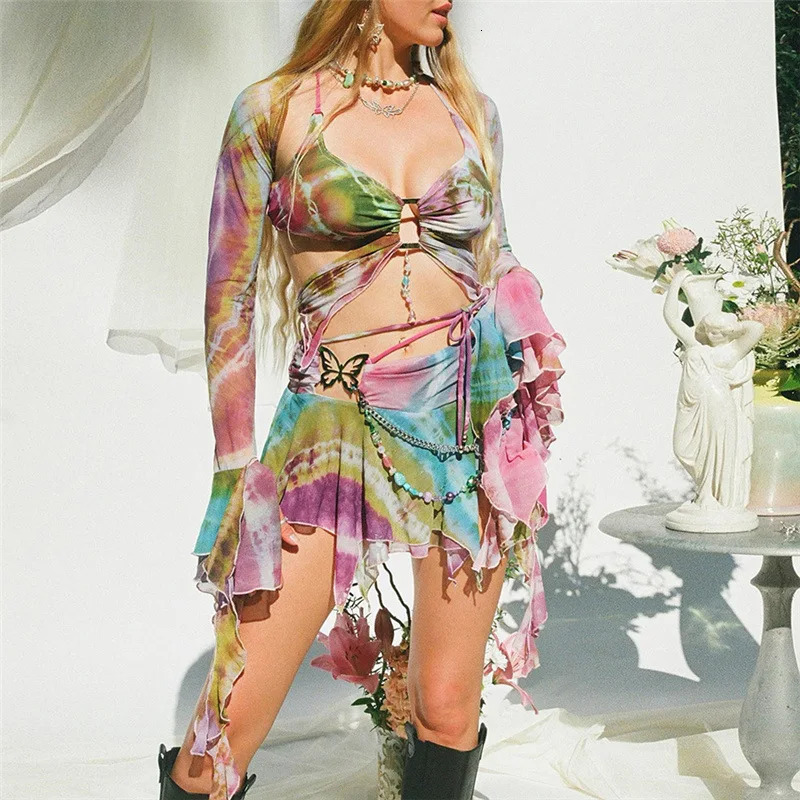 y2k Aesthetic Print 3 Pcs Set Long Flare Sleeve Shawl Halter Lace Up Sexy Top Pleated Skirt Summer Beach Outfits 250409