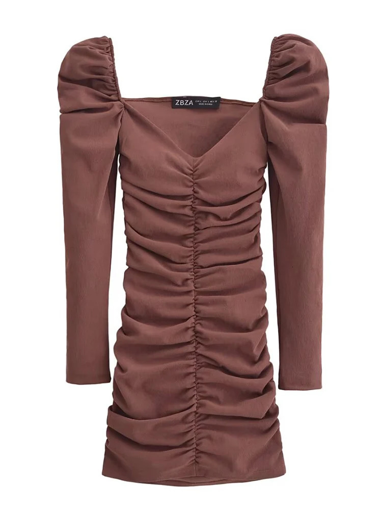 TFMLN Fashion Womens Solid Fold Mini Dress Elegant Square Collar Long Sleeve Folding Party Unique and Exquisite 250409