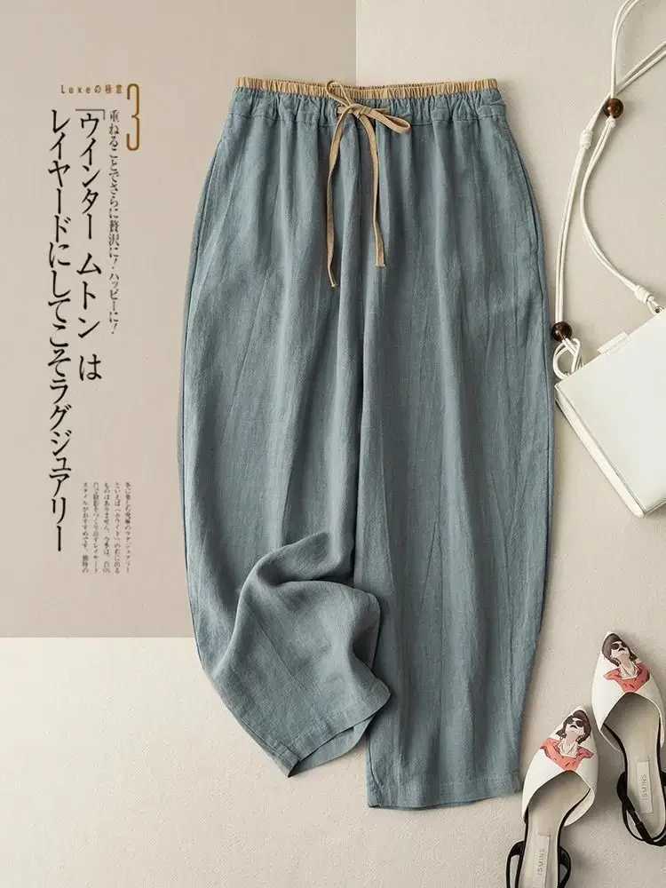 Elastic Drstring waist casual pants summer retro cotton linen loose harem pants basic Versatility wide leg ankle pantsXJ250403