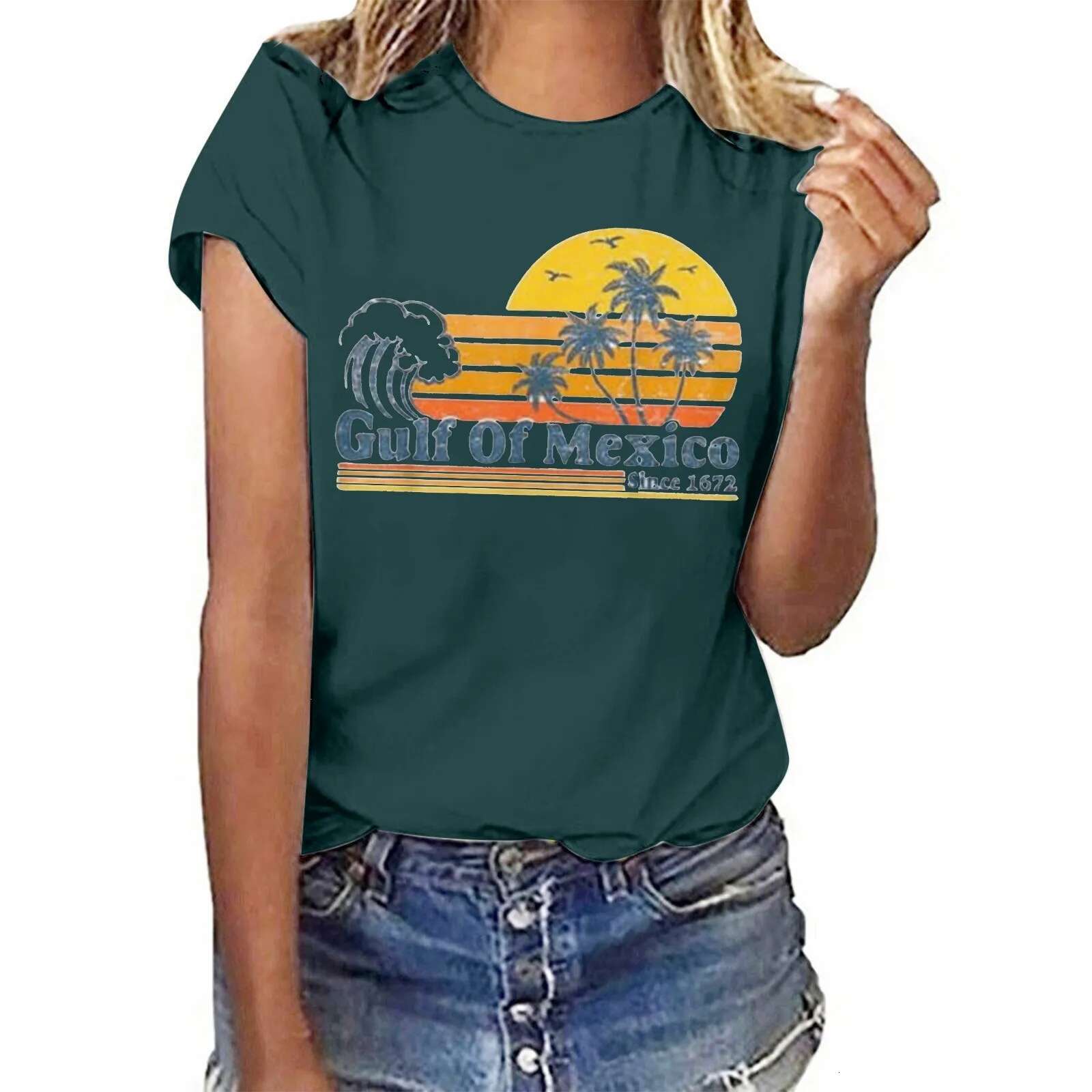 Dongdumaoyi Gulf Of Mexico Since T Shirt For Women S Letter Print Crew Neck Short Sleeve Tee Tops Female Shirt