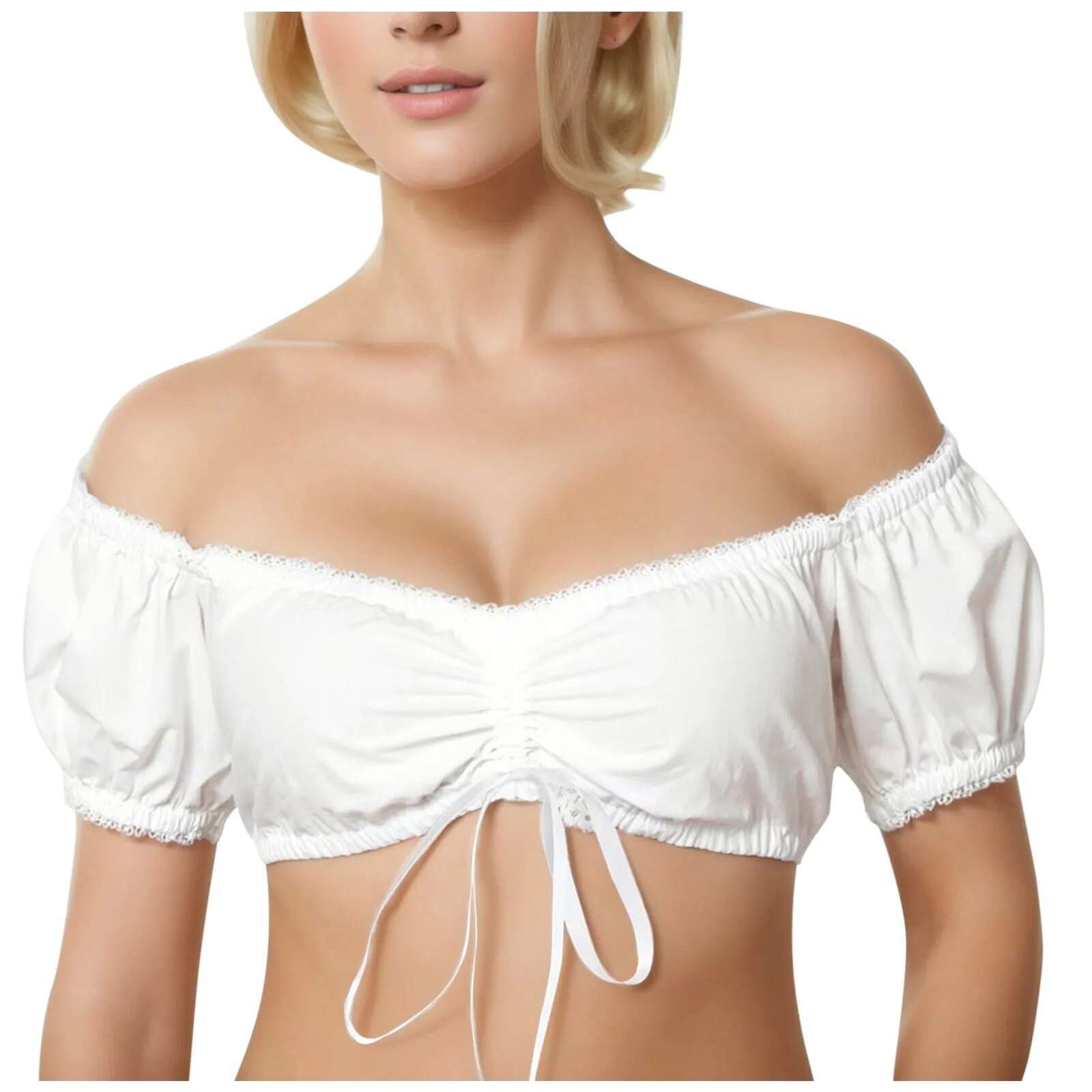 Dongdumaoyi Women Ruffled Lace Vest Short Shirts Elegant Dirndl Blouse For Oktoberfest Bride Gerie Tops Blouses Solid Color Wrap Crop Top Women S Tigh
