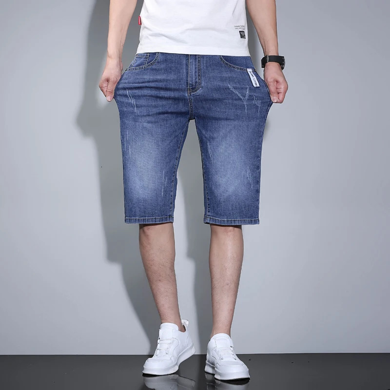 Thin denim shorts mens summer stretch classic business casual Korean straight cotton soft jeans clothing 250409