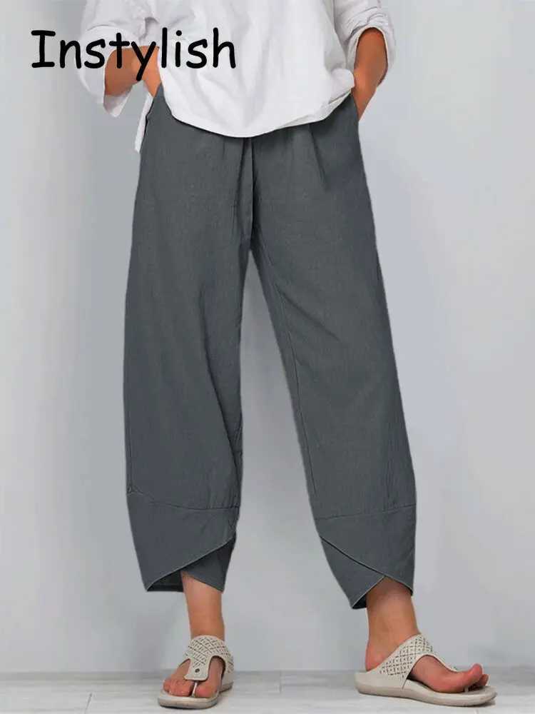 Retro cotton and linen loose harem pants casual high waist wide leg Trouser womens Harajuku printed pocket pants oversizedXJ250403