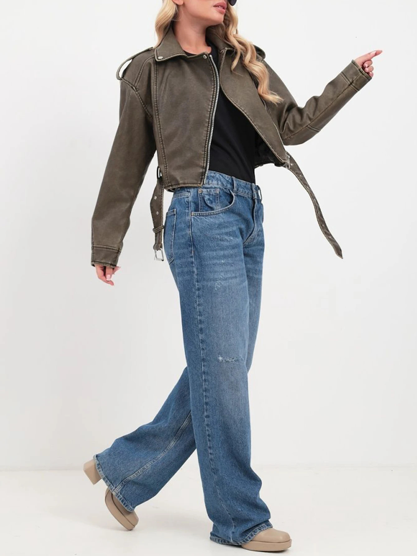 Womens synthetic leather short sleeved jacket retro womens belt zipper motorcycle 250409