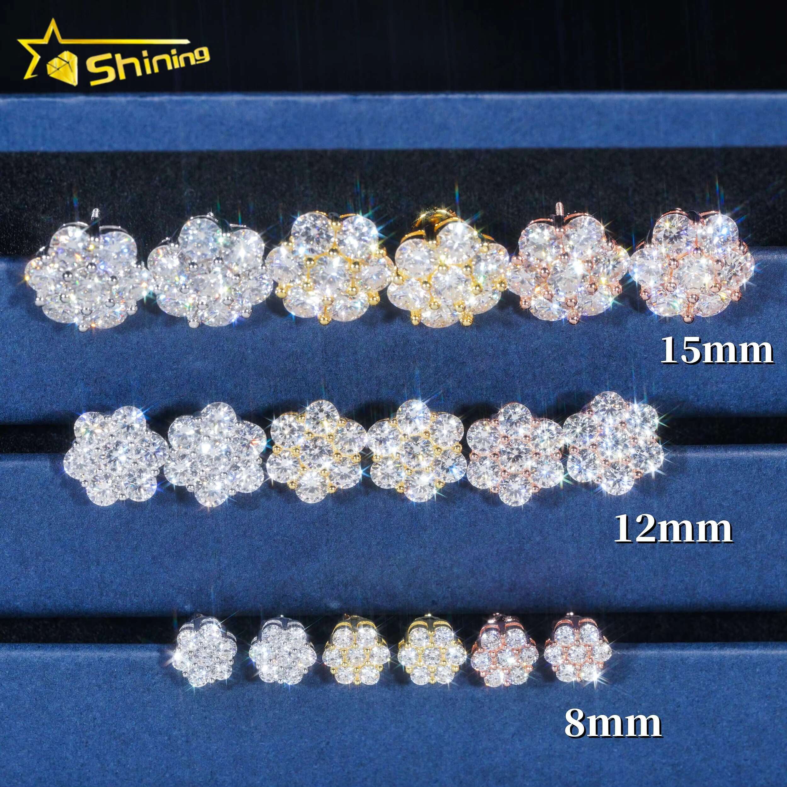 Ready to Ship Hip Hop Style Pass Diamond Tester 925 Silver Gold Plated VVS Diamond Moissanite Flower Stud Earrings Cluster