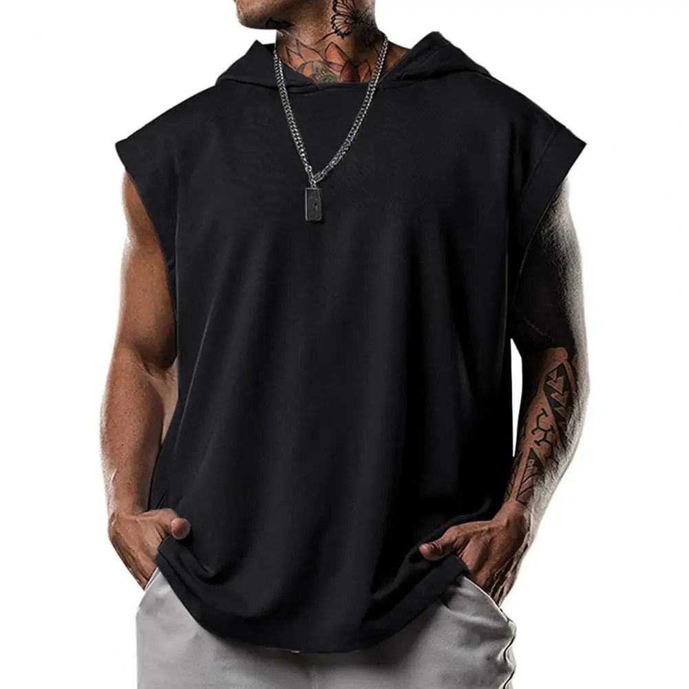 Large size mens tank top hooded solid color summer sleeveless sports vest fitness party sweater 250409