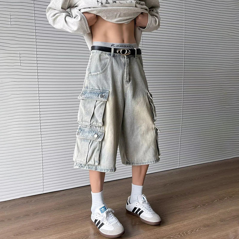LUZHEN Summer Gradient Wash Multi Pocket n Denim Cutting Mens Loose Straight Shorts Jeans JY1084 250409