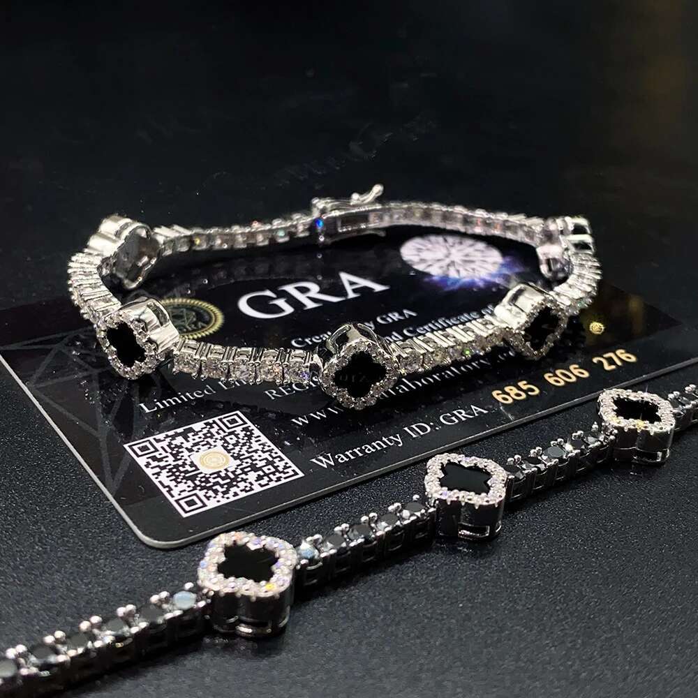 3mm Moissanite Black Agate Clover S925 silver Tennis Chain Bracelet Iced Out for Men Fashion Hip Hop Jewelry Pass Diamonds Teste