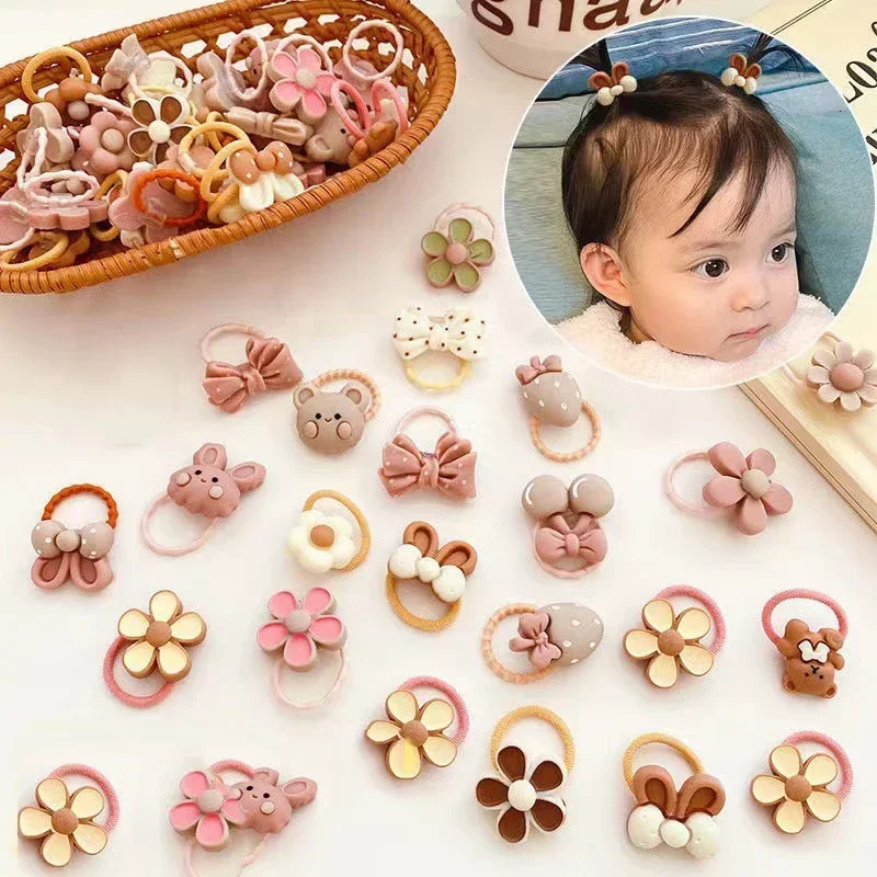 50 Cute Cartoon Bear Rabbit Hair Straps for Girls with Elastic Rubber Headbands and Bow Baby Hair Accessories 250409