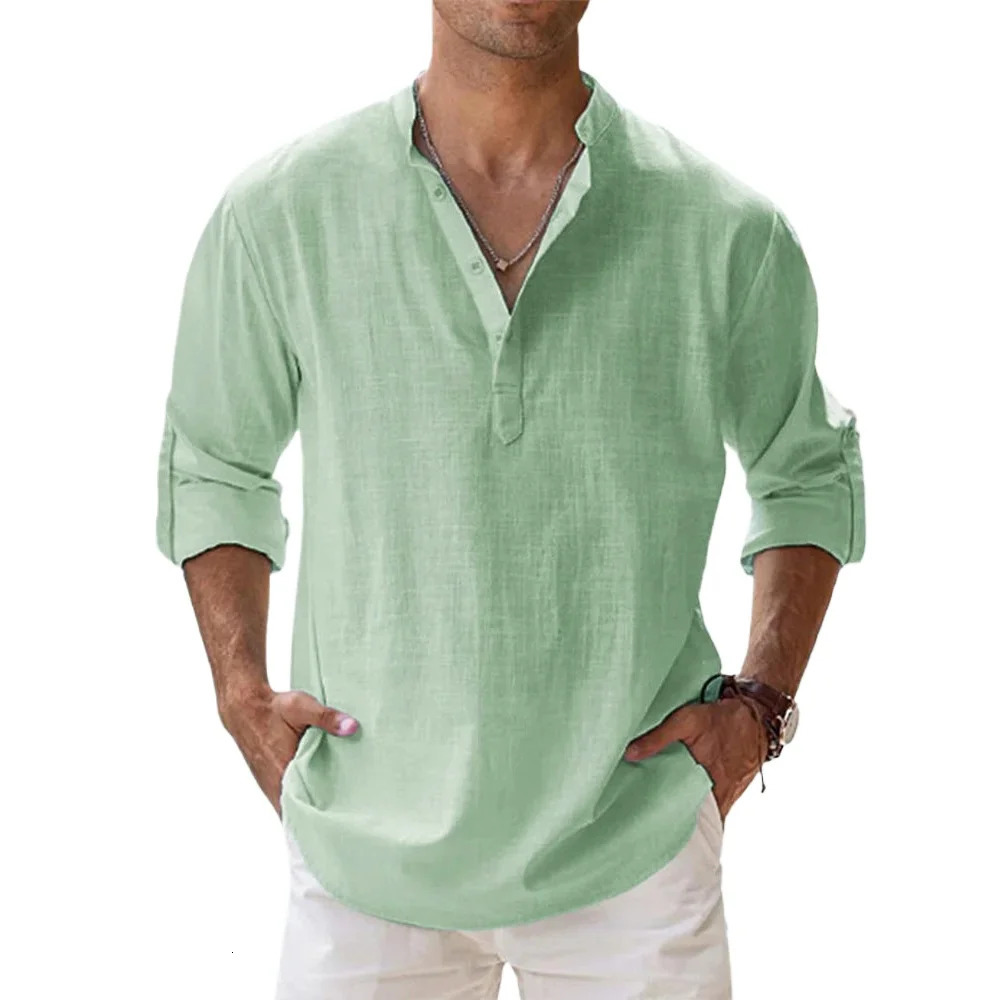 Cotton Linen Mens Short-Sleeved Shirts Summer Solid Color Henley Collar Casual Beach Style Hawaiian Vacation 250409