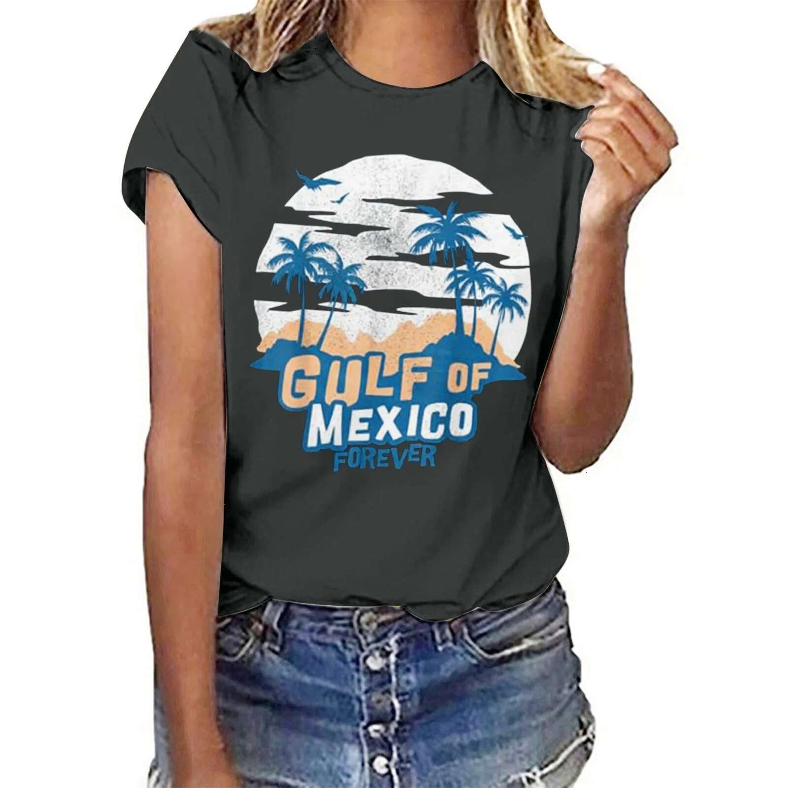 Dongdumaoyi Gulf Of Mexico Forever Tee Shirt For Women Printed T Shirts S Letter Print Round Neck Short Sleeve Top Summer Shirt