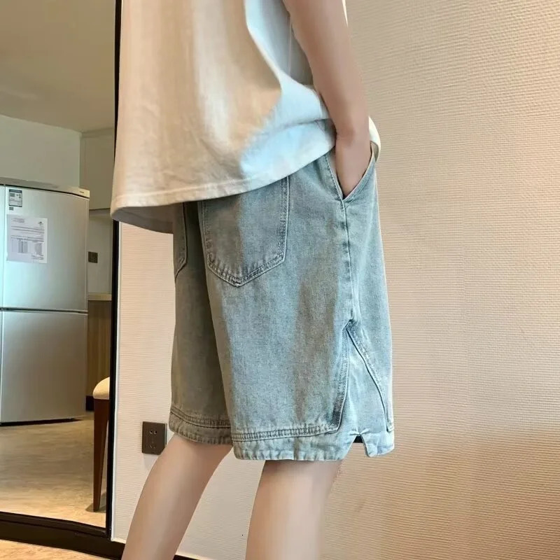 Mens Casual Side Seam Denim Shorts Summer Street Fashion Bag Jorts Harajuku Hip Hop Y2K Blue 250409