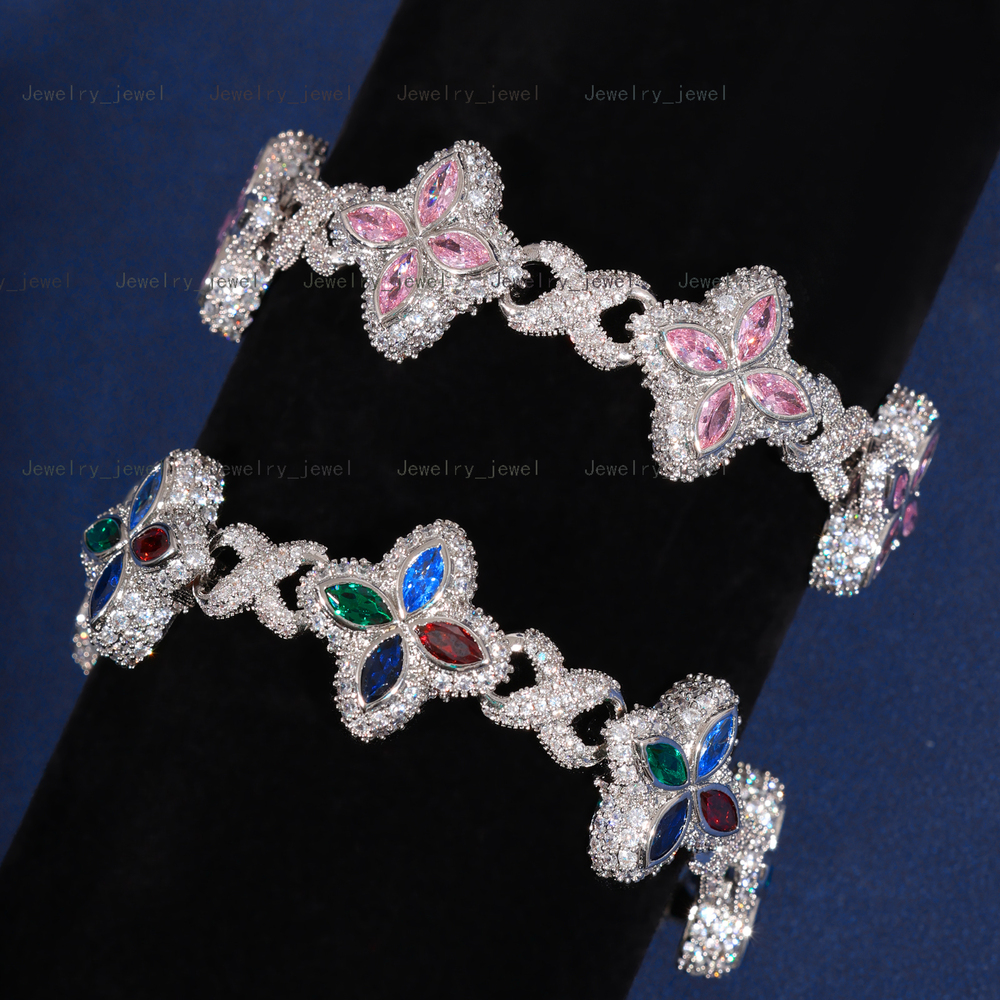 2025 New Arrival Hip Hop Pink White Colorful CZ Clover Bracelet Necklace Brass Iced Out Flower 5A Zircon Cuban Chain for Men